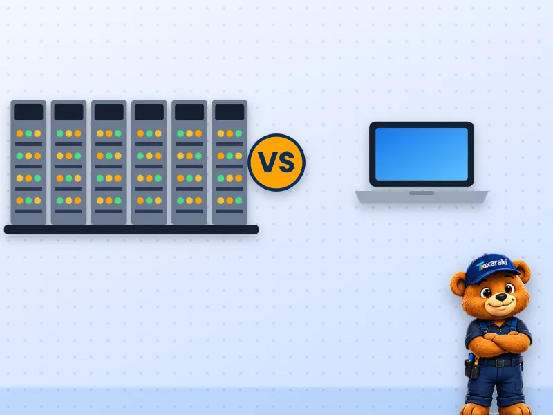 Duelo entre o ENIAC, computador de sala inteira, e um notebook moderno leve, com o símbolo VS entre eles.