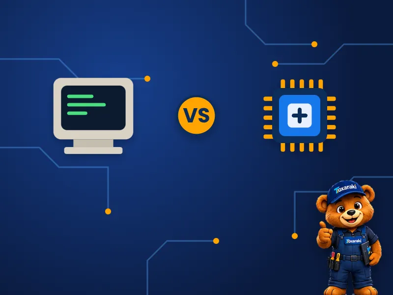 Duelo entre um computador antigo de monitor verde e um processador moderno, com o símbolo VS entre eles.