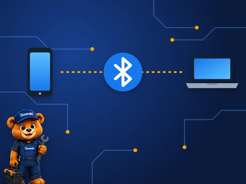 Um celular e um notebook ligados ao símbolo do Bluetooth, mostrando que a tecnologia une aparelhos.