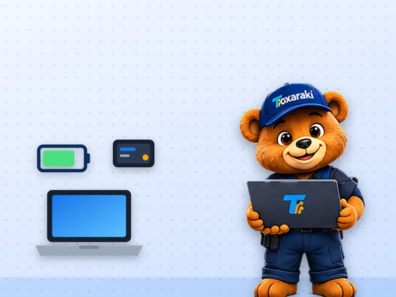 Toxaraki segura um notebook moderno; ao lado, ilustrações de um notebook fino, uma bateria e um SSD.