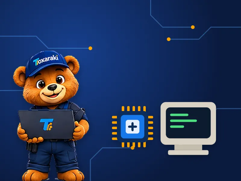 Toxaraki ao lado de um processador e de um monitor antigo, representando os primeiros computadores domésticos.