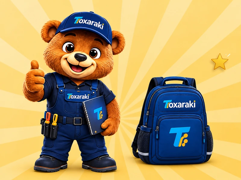 Toxaraki de joinha ao lado de uma mochila azul da marca, lembrando que o notebook é portátil.